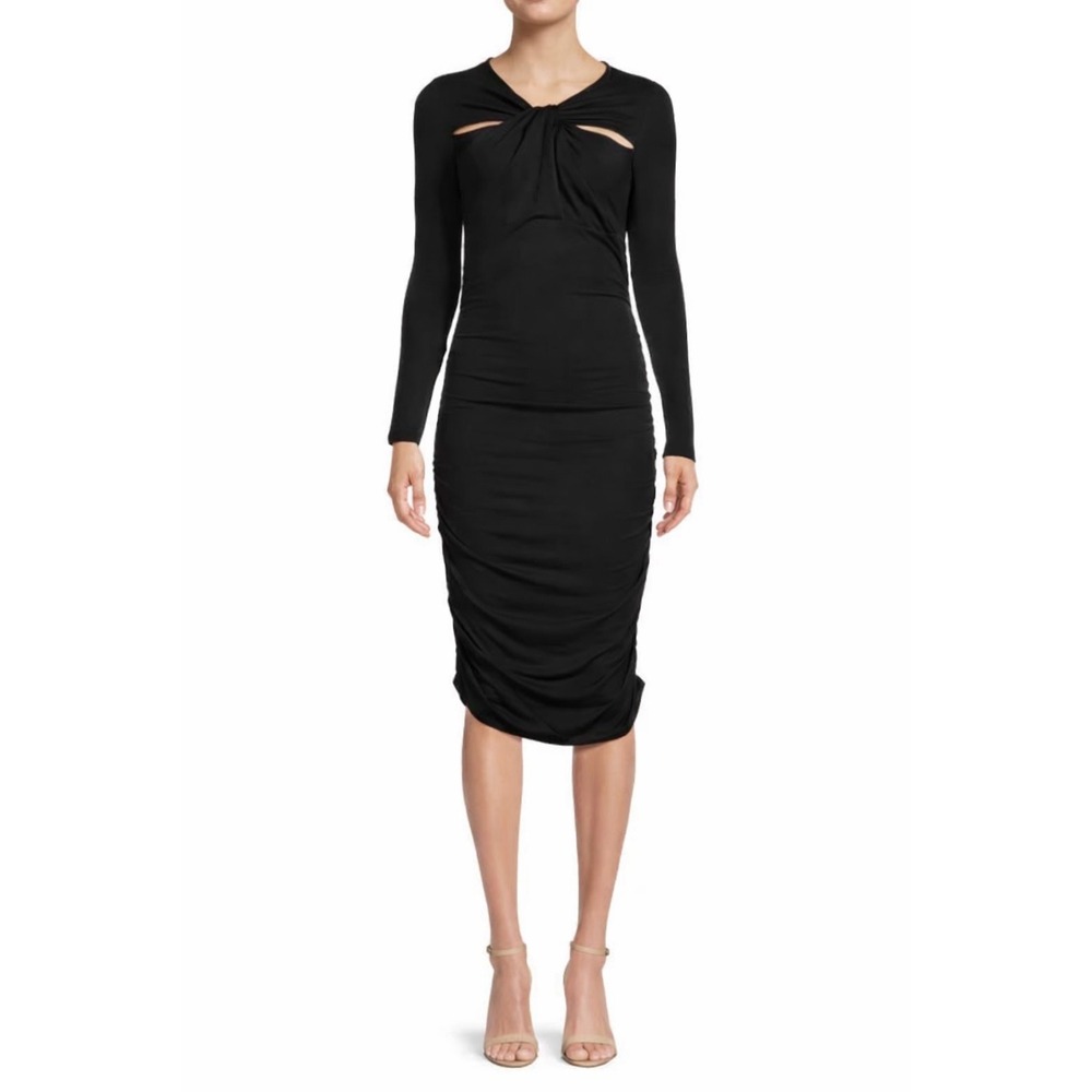 Walter Baker Black Ruched Midi Dress XL NWT Stretch Bodycon Wedding Guest